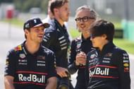 Max Verstappen with Laurent Mekies and Yuki Tsunoda at the 2025 F1 Italian Grand Prix - Source: Getty
